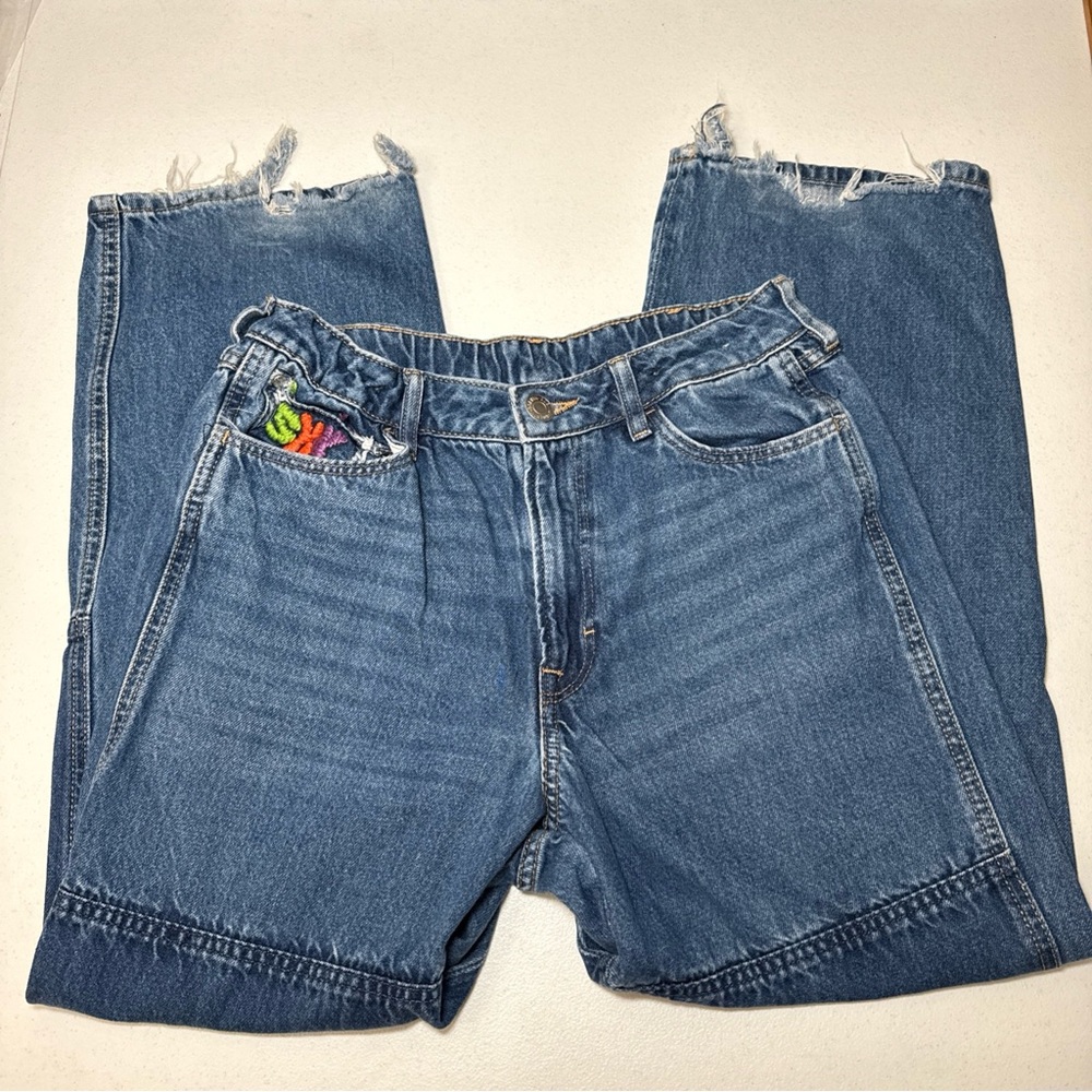 H&M UNISEX 18 BAGGY JEANS WIDE LEG  EMBROIDERED DISTRESSED SKATE Y2K‎ 2000S SKY